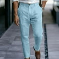 thumbnail image 2 of YLSDY Fashion Men's Linen Pants Flat Front Lightweight Casual Dress Pants Comfy Summer Beach Travel Lounge Trousers with Pockets Light Blue M, 2 of 6