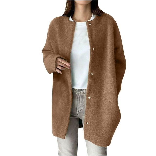 Pompotops Ladies Casual Fashion Loose Plus Long Long Sleeve Pocket Button Plush Jacket