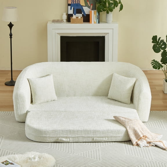 Leumius 87" Convertible Futon Sofa Bed, Corduroy Curved Boneless Couch with High Backrest, 2-in-1 Fold-Out Sleeper Sofa with Pull-out Couch Bed,Beige-Square Pillow