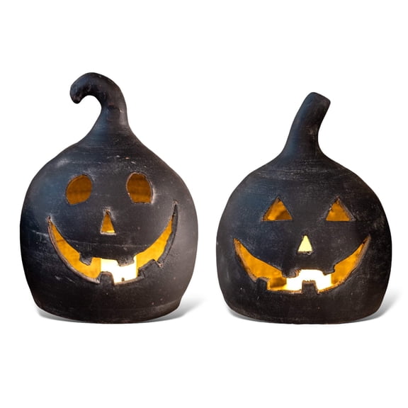SET OF TWO BLACK CLAY JACK-O-LANTERNS