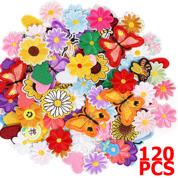 120pcs Random Assorted Styles Embroidered Patches, Bright Vivid Colors, Sew On/Iron On Patch Applique for Clothes, Dress, Hat, Jeans, DIY Accessories