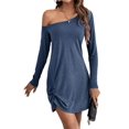 thumbnail image 3 of Womens One Shoulder Tunic Long Sleeve Solid Twist Hem Mini Dress Dressy Casual Loose Spring Summer Dress Blue XL, 3 of 9