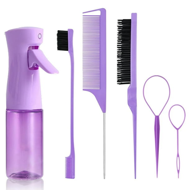 Juego de peines para peinar el cabello de 6 piezas, botella de spray continuo, 200 ml, peine de cola de rata, control de bordes para cepillar la espalda, peinar, trenzar, deslizar para mujeres (púrpur