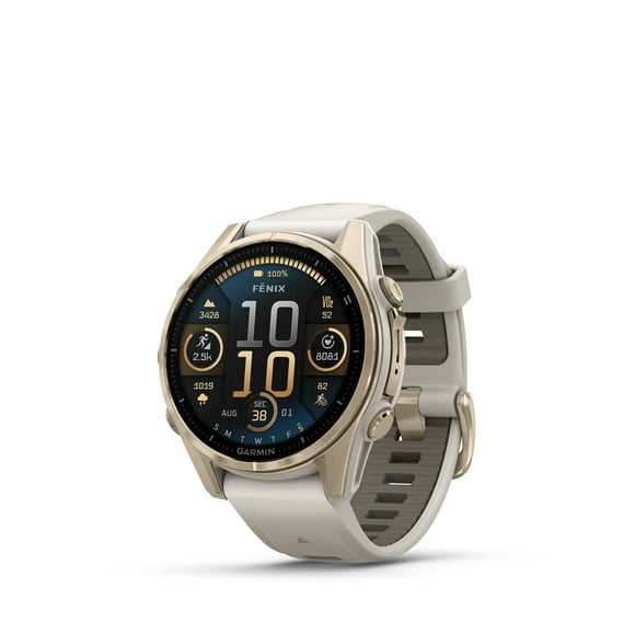 Garmin fēnix® 8 AMOLED Display Sapphire Lens GPS Smartwatch - 43-mm - Soft Gold Bezel with Fog Grey/Dark Sandstone Silicone Band