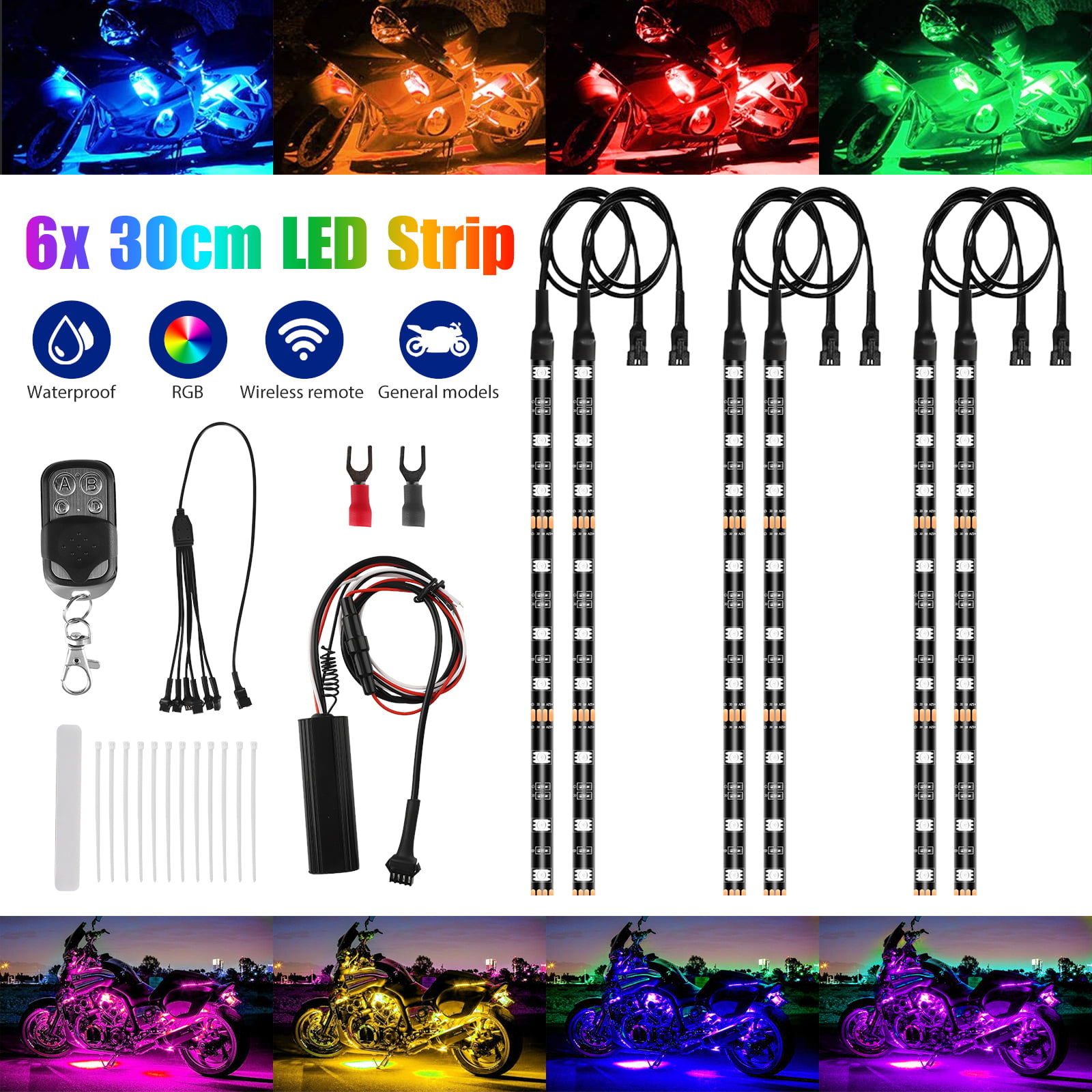 6X Motorcycle LED Lights Wireless Remote 18 Color Neon Glow Light Strips Kit NEW