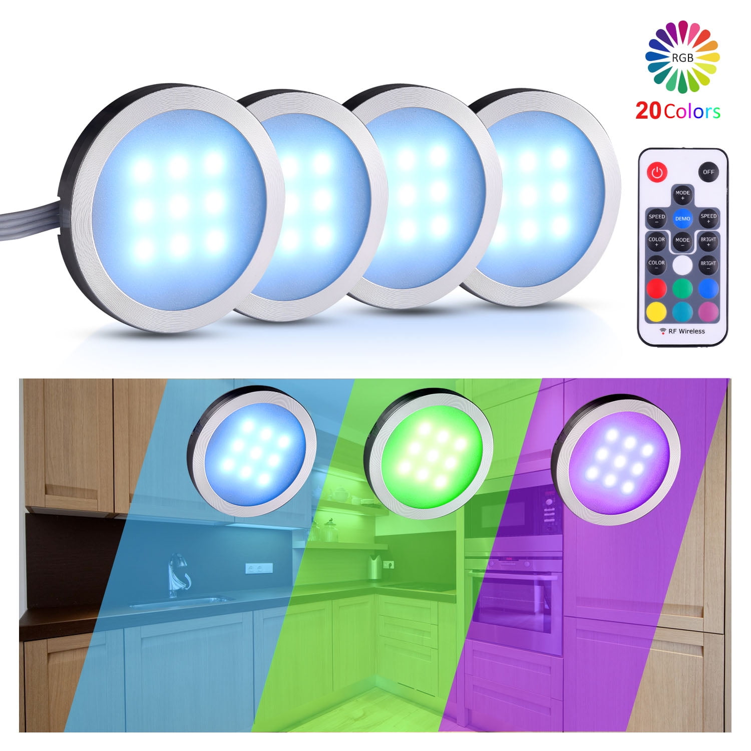 Aiboo RGB Dimmable LED Under Cabinet Lights Kit with Wireless Remote, 6 Lights for Kitchen Counter Ambiance