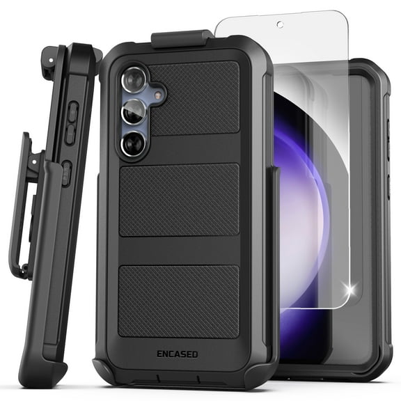 Encased Falcon Designed for Samsung Galaxy S23 FE Case with Screen Protector and Belt Clip Holster - Protective Full Body Case (Black)