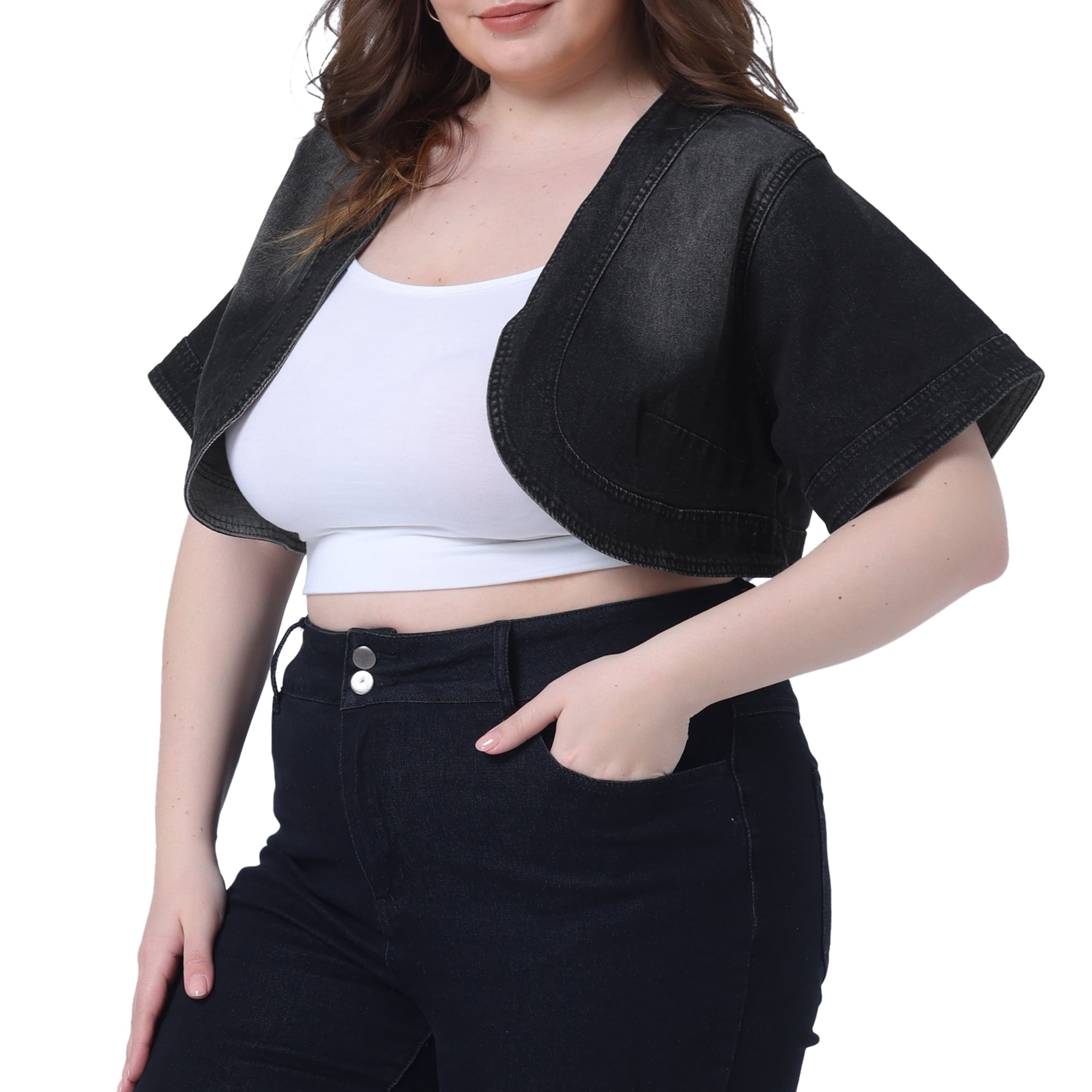 DARING DIVA Women's Plus Size Cardigan Short Crop Jean Jacket Shrug 3X Black