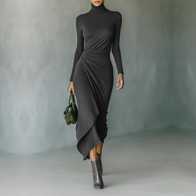 glitter turtleneck dress jtjvou Women's Long Sleeve Ruched Asymmetrical High Slit Midi Elegant Bodycon Dress for Evening Party Gray L ProductID: 116116