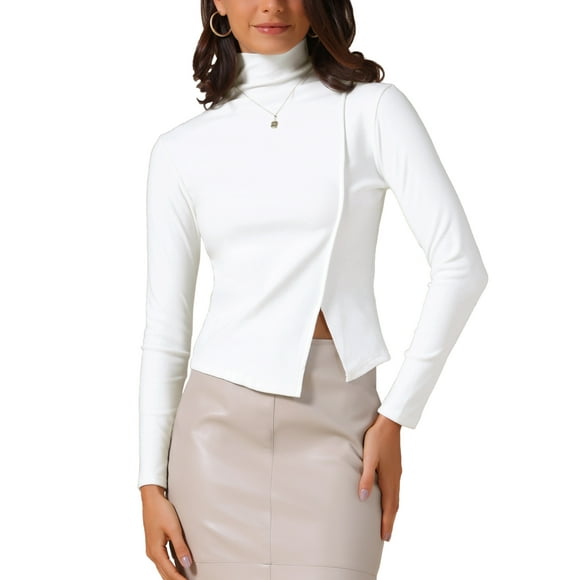 INSPIRE CHIC Women's Turtleneck Knit Top Asymmetric Slim Fit Basic Thermal Shirts S White