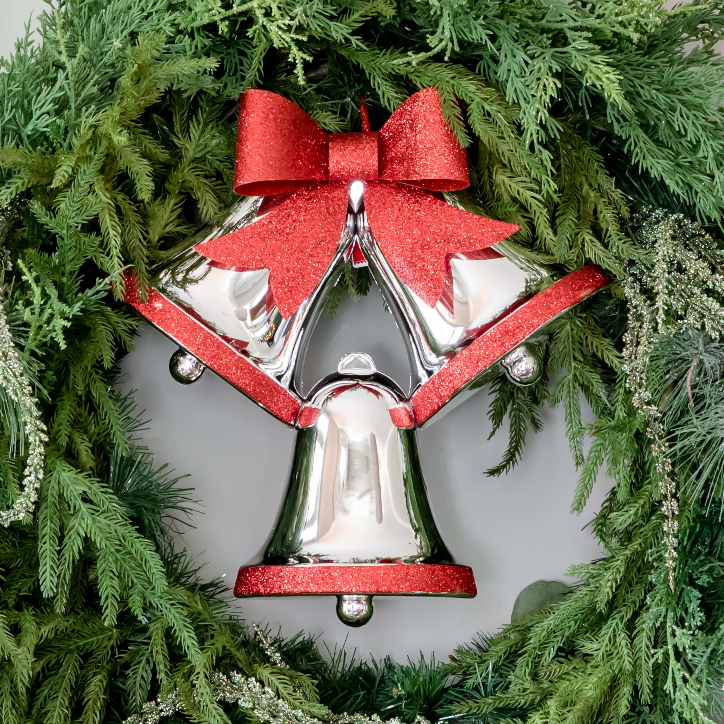 Holiday Time Silver and Red Glitter Triple Bell Decoration, 14.5"