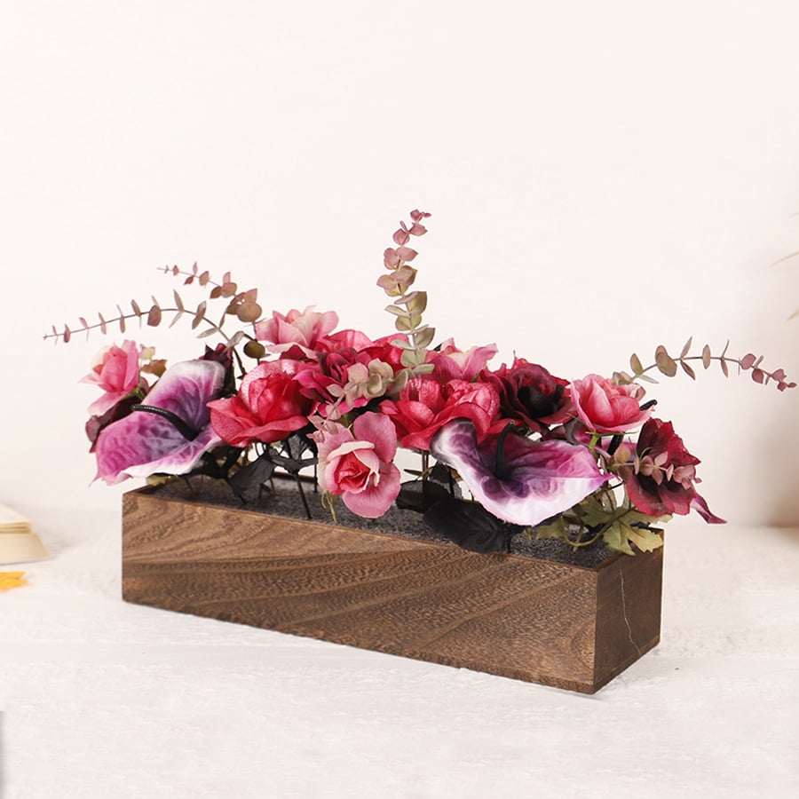 Flower Arrangement with Wooden Vase Artificial Flowers in Pot - Fake Flowers Roses Peonies Hydrangeas in Wooden Vase Potted Artificial Flower Centerpieces for Table Decor Living Room