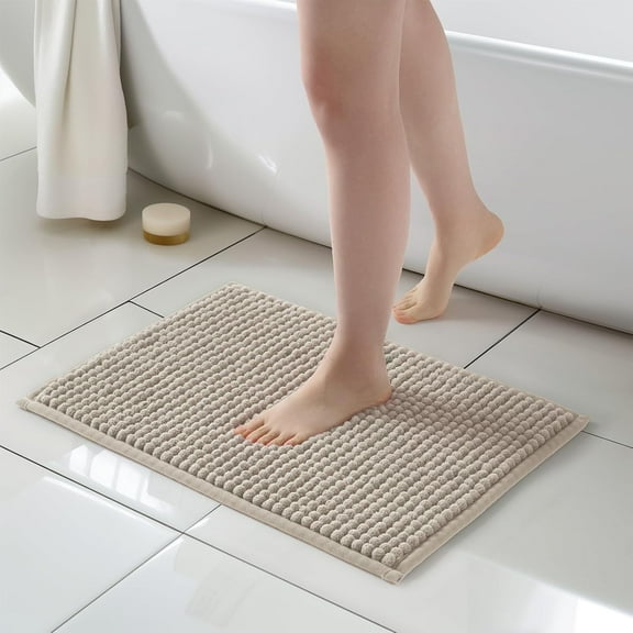 FRESHMINT Thick Chunky Chenille Bathroom Rug, 17'' x 24'', Non Slip Bath Mat, Soft Decor Accessory, Cute Shower Mat, Water Absorbent, Washable, Beige