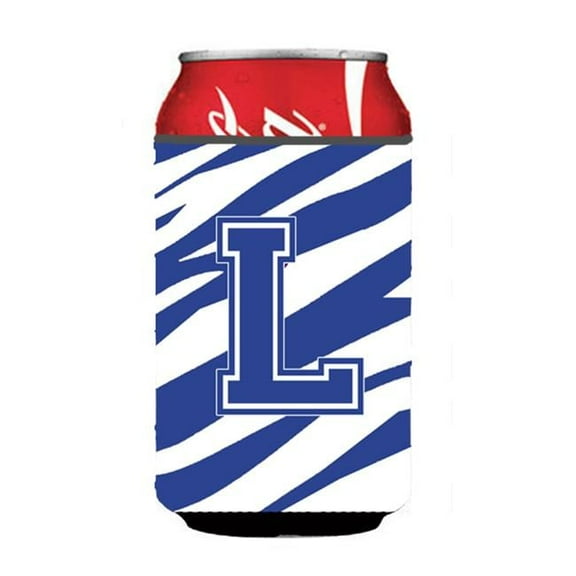 Letter L Initial Monogram - Tiger Stripe Blue And White Can Or Bottle  Hugger