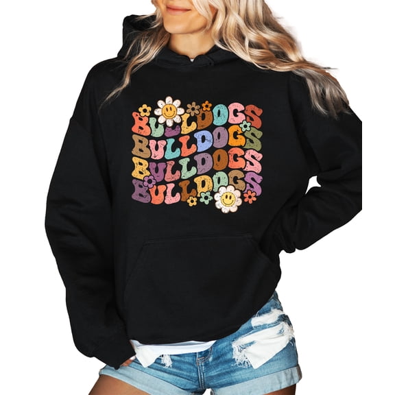 Bulldogs Hoodie for Women & Teen Girls Groovy Retro School Spirit Game Day Pullover Sweatshirt