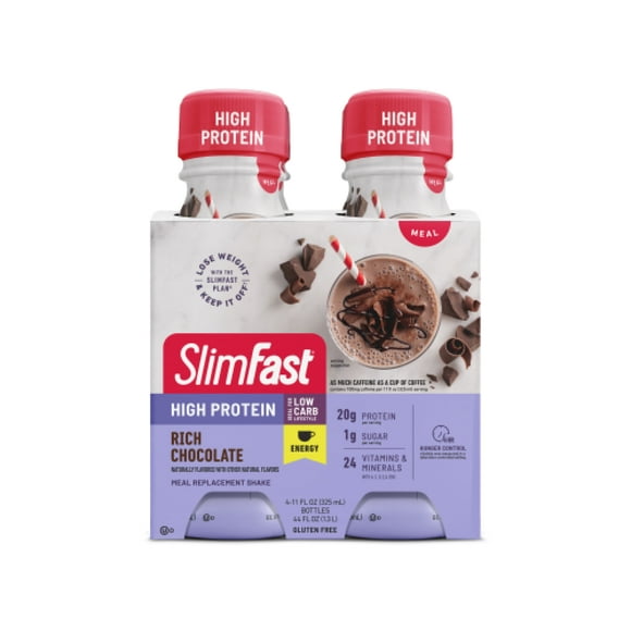 SlimFast Meal Replacement Energy High Protein Shake, Rich Chocolate, 11 Fl Oz Bottle, 4 Pack