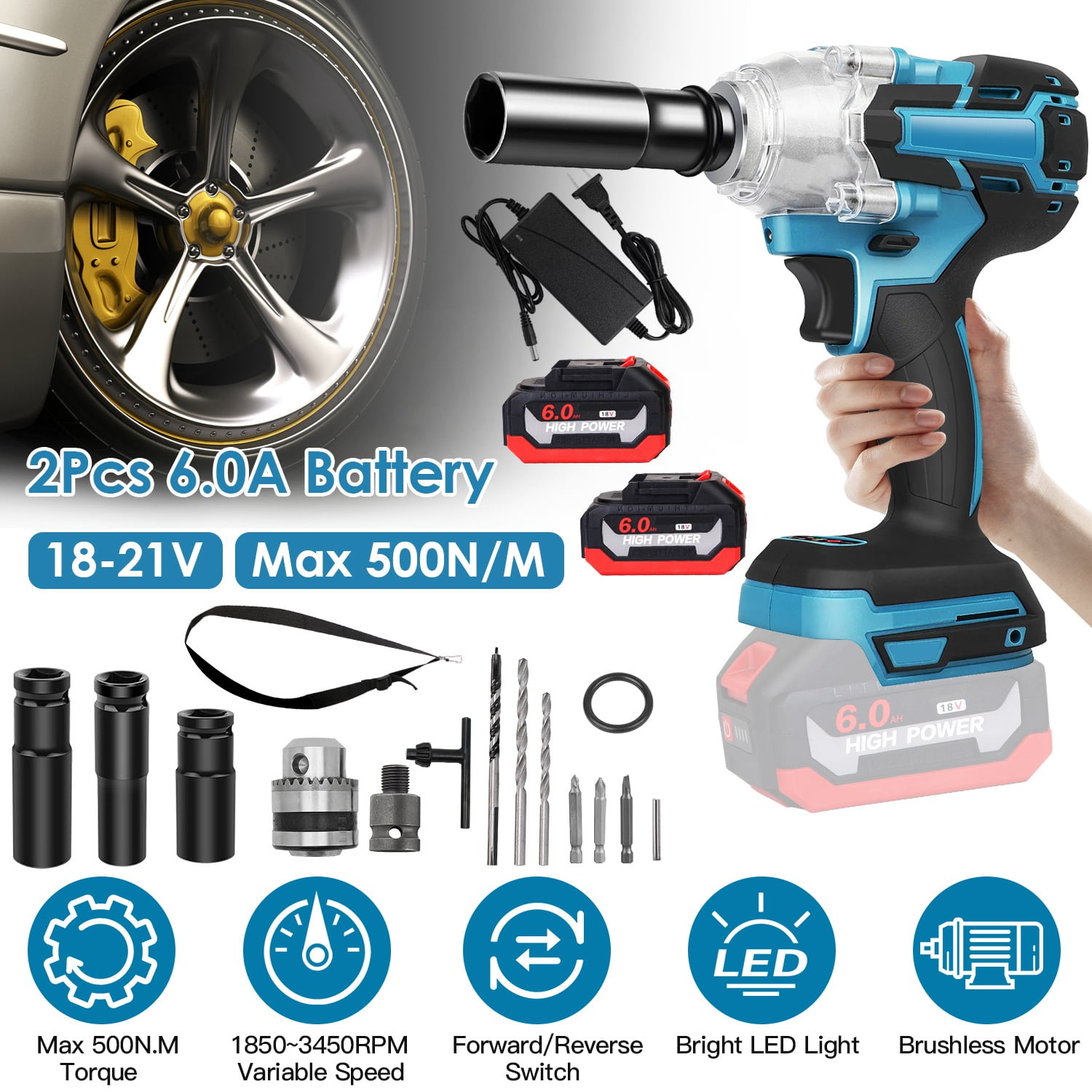 1/2" Electric Cordless Impact Wrench TeqHome Brushless Impact Wrench with Max 3450RPM 2Pcs 6.0Ah Battery 3 Sockets Storage Case for Car Truck Repairing