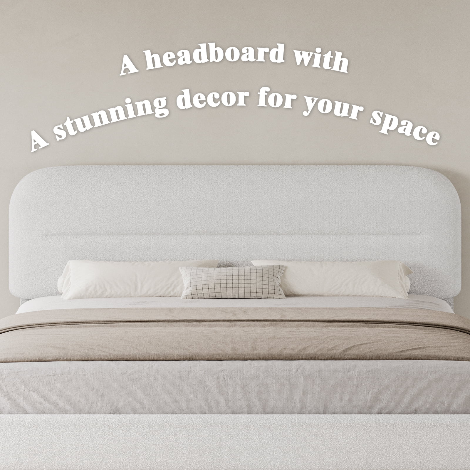 4 Ever Winner Modern Boucle Upholstered Queen Bed Frame with Headboard, Rounded Corners, No Box Spring Needed, White