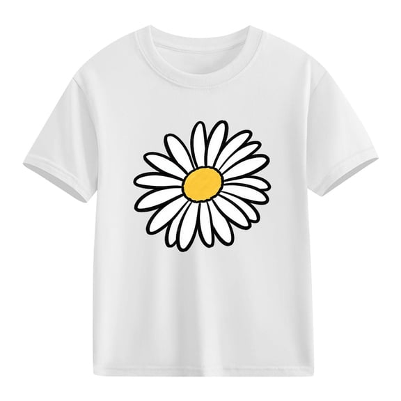 Girls White Short Sleeve T-Shirt | Kids Daisy Print Cotton Tee | 100% Cotton Soft Casual Top for Girls Ages 4-12 | Crewneck Floral Shirt,Size 7 T