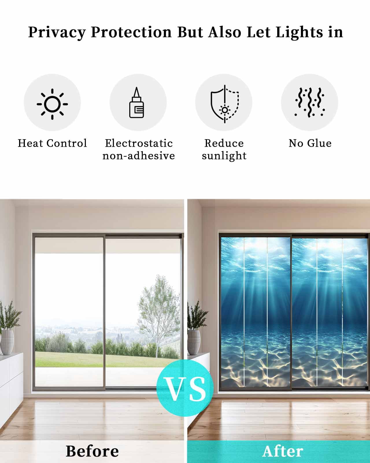 Window Privacy Film Ocean Blue Stained Glass Window Film Decorative Sun Block Window Cover Underwater Sun Light Coastal Sea Scenery Window Clings Static Adhesive Sticker for Bathroom 23.6"x59"