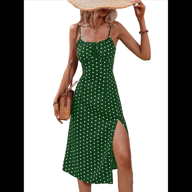 Vestido de Verano Floral para Mujer, Vestido Midi con Tirantes Finos y Espalda Descubierta, Vestido Bohemio para Vacaciones en la Playa. Verde M