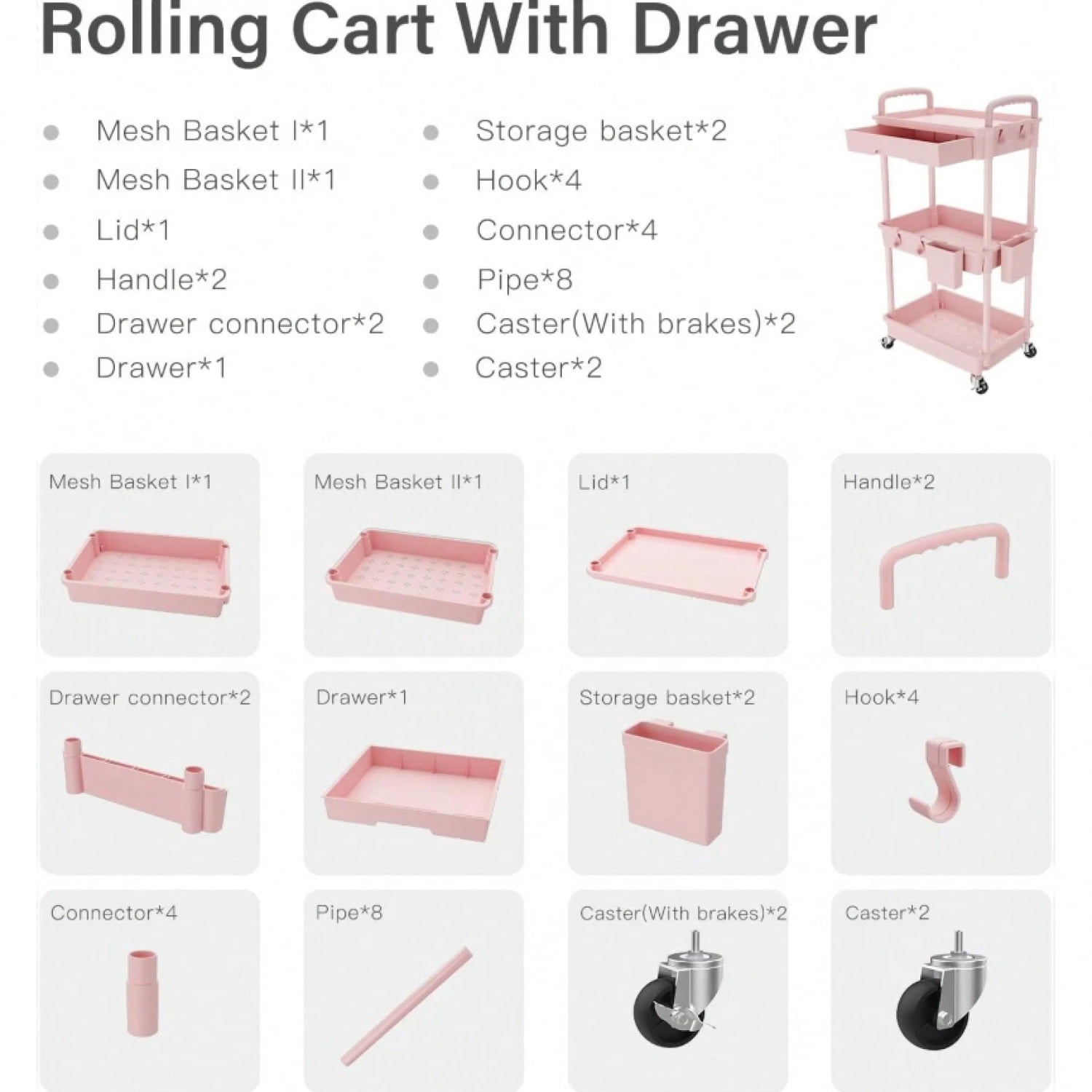 NTGFU 3 Tier Rolling Storage Cart with Drawers Rolling Utility Cart with Drawers,Room Decor,Bathroom Decor,Rolling Utility Cart Rolling Storage Organizer Tool for Kitchen,Pink