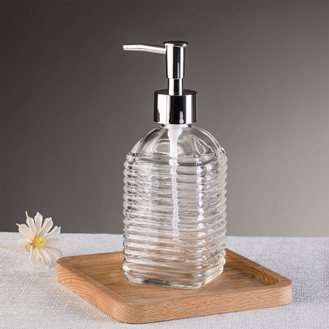 Glass Soap Dispenser, Horizontal Stripe Design, Press Pump Bottle, Refillable Container, for Bathroom and Kitchen Organization, Clear