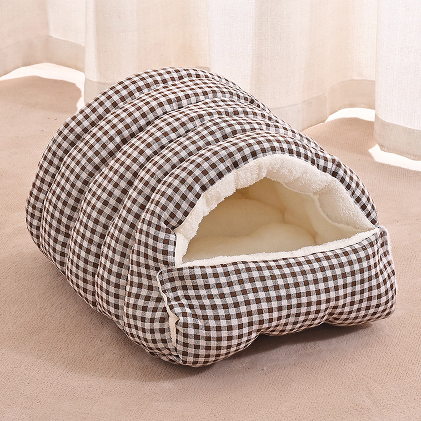 2 In 1 Hooded Pet Bed for Small Dogs & Cats, Winter Plush Calming Dog & Cat Cave bed for Indoor Outdoor, Wear-resistant Removable Washable Dog & Cat House with Non-Slip Bottom，Plaid