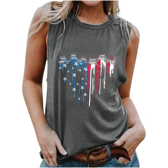 Usmisi 4th of July Tank Tops Independence Day Tshirts Loose Fit Comfy Lightweight Vest Womens Fashion Tie-Dye Print Round Neck Sleeveless Summer Blouses Dark Gray s