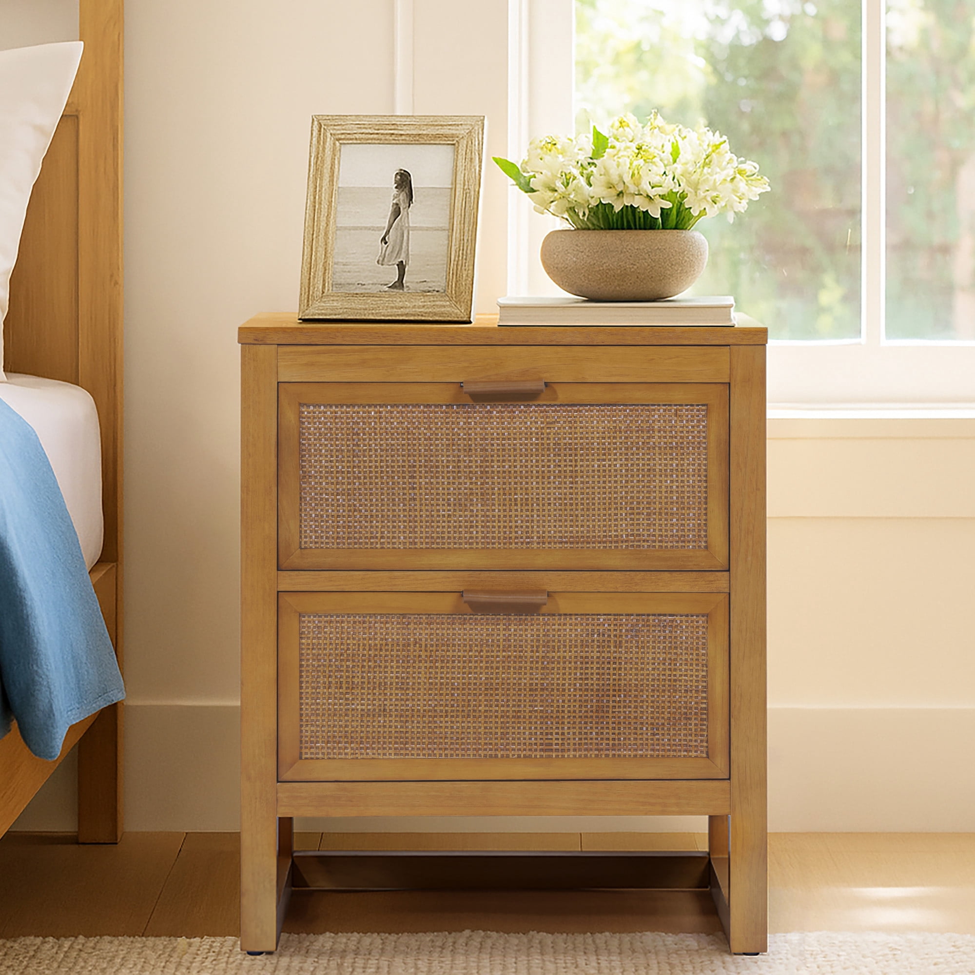 Teamson Home Hatteras Modern 2-Drawer Nightstand with Natural Rattan and Solid Wood Frame