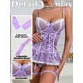 thumbnail image 3 of Ausing Lingerie Sets for Women Lace Corset Teddy with Thong Garter Belt See Through Babydoll Ruffle Strappy Rave Outfits 3 Piece Purple L, 3 of 5