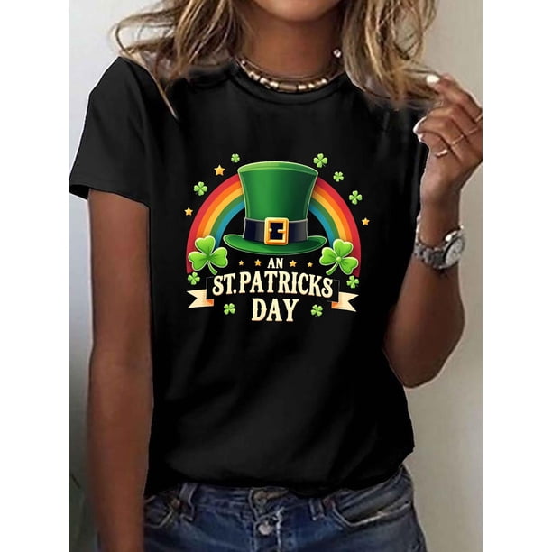 Women's St. Patrick's Day Leprechaun Hat & Shamrock Graphic T-Shirt - Casual Crew Neck, Short SleeveCamisetas de verano para mujer, manga corta, cuello redondo, casual, lindo, con gráficos, camisetas