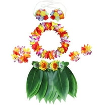 Leaf Hula Skirt and Hawaiian Leis Set Grass Skirt with Artificial Hibiscus Flowers for Hula Costume and Beach Party