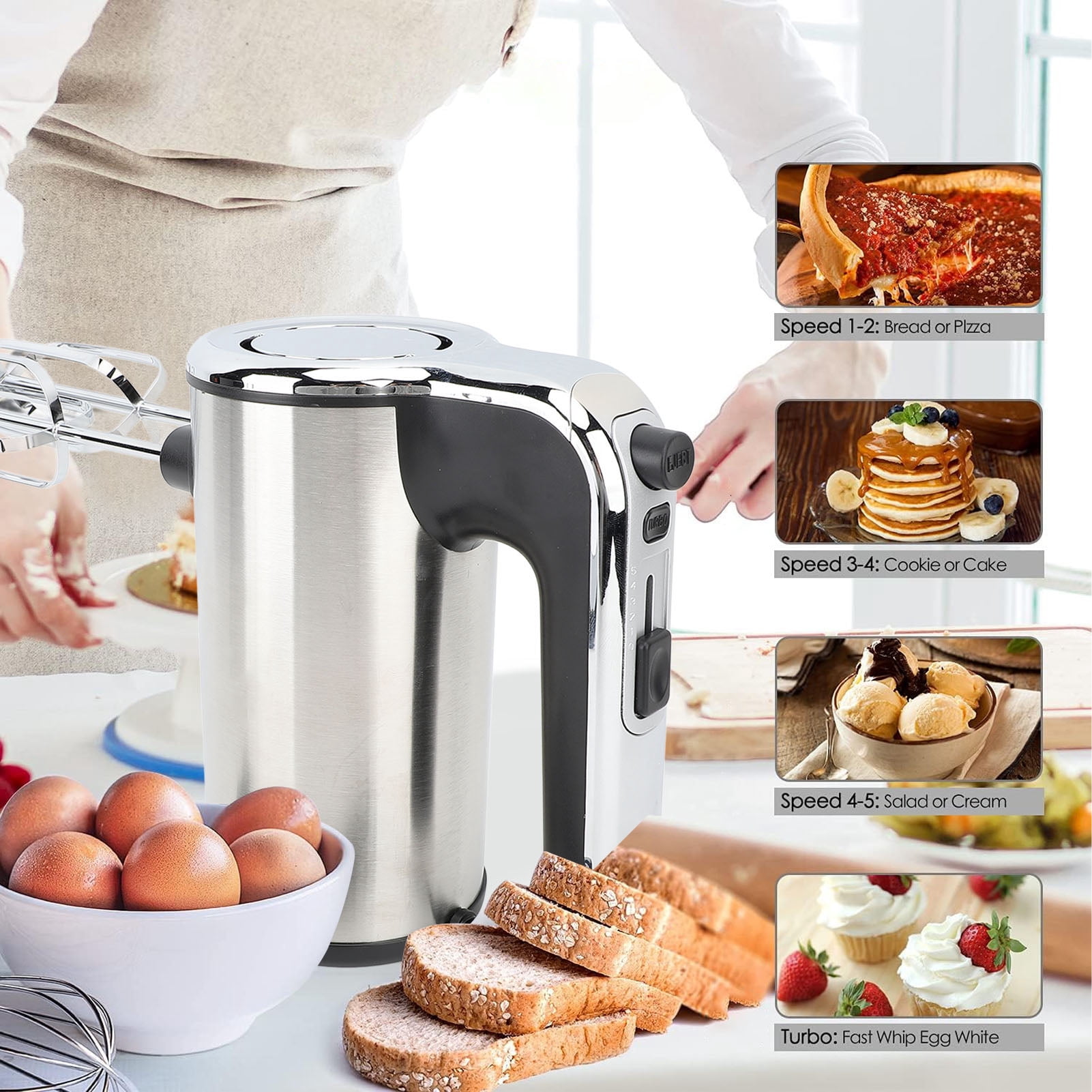 Nieyigj 500W Electric Hand Mixer, 5 Speed Stainless Steel Handheld Electric Mixer with Turbo, Includes 4 Dishwasher Safe Attachments for Whipping Cream & Blending Ingredients, 220V EU Plug