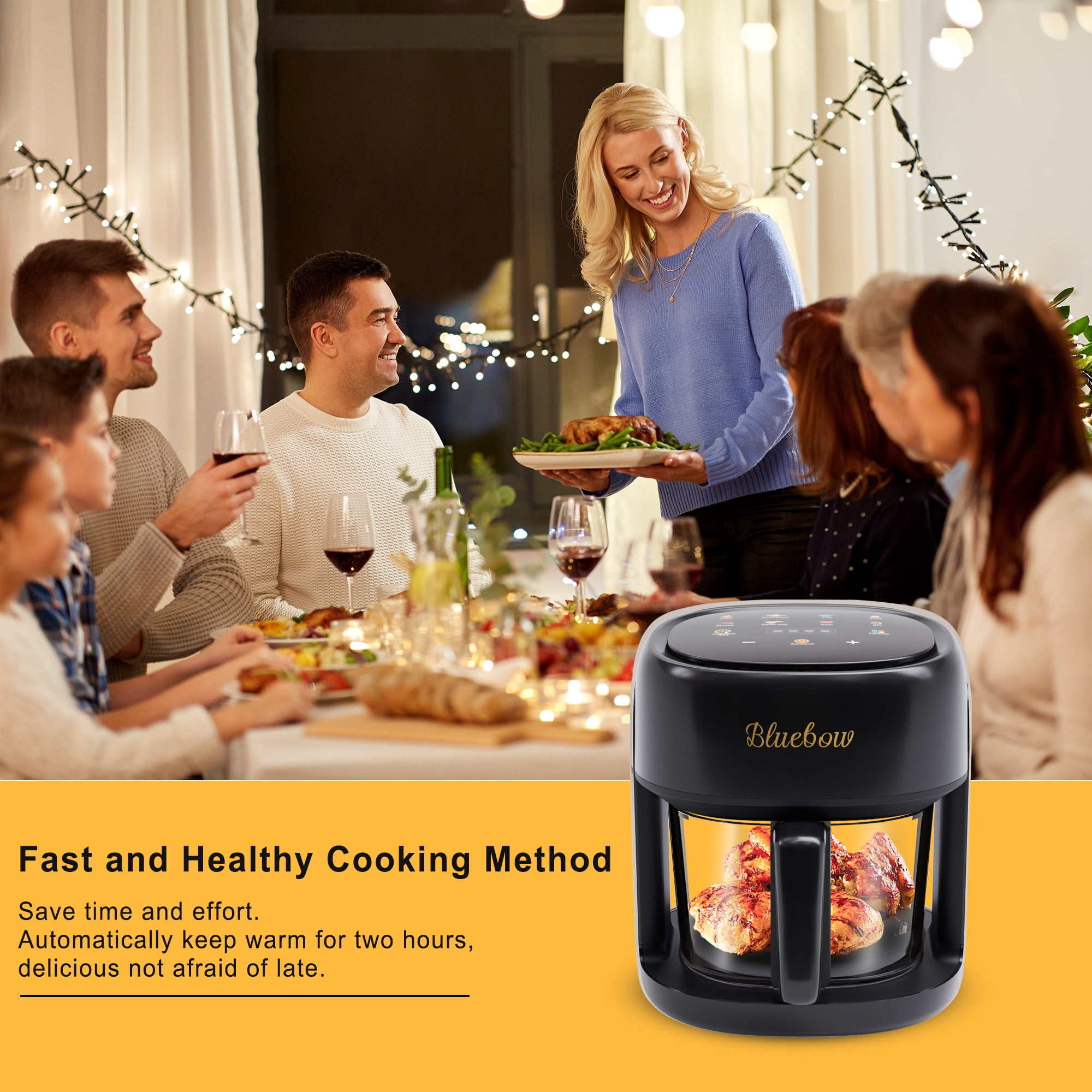 Bluebow 5 Quart Air Fryer with 360° Viewing Glass Pot, 8-in-1 Digital Touchscreen, Nonstick & Dishwasher Safe Basket, Less Oil, 1350W (Black)