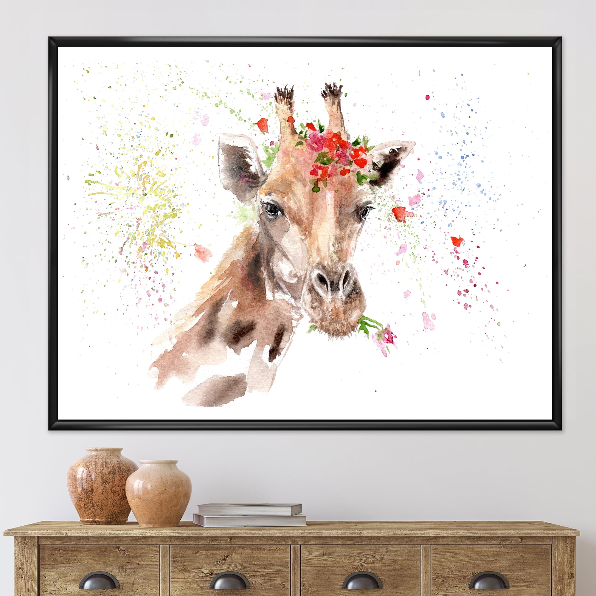 Designart 'Portrait of A Giraffe With Red Flowers II' Farmhouse Framed Canvas Wall Art Print