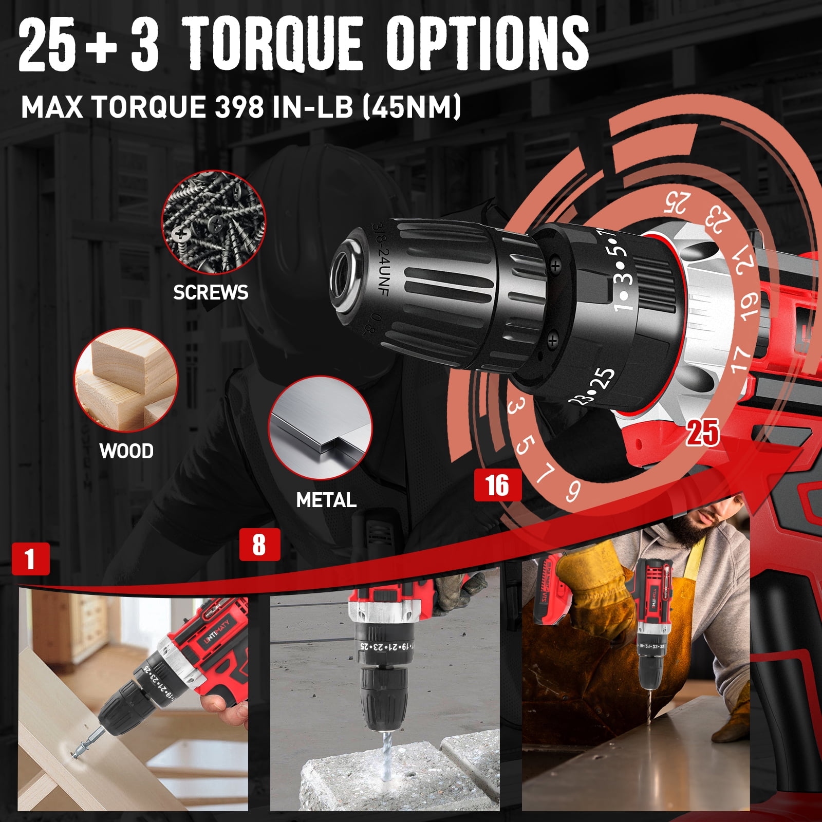 UNTIMATY 21V Cordless Power Drill Set, Power Drill Driver Kit with Lithium-Ion Battery and Charger, 3/8-Inch Keyless Chuck, 2 Variable Speed, 25+3 Position and 31pcs Drill/Driver Bits, Red