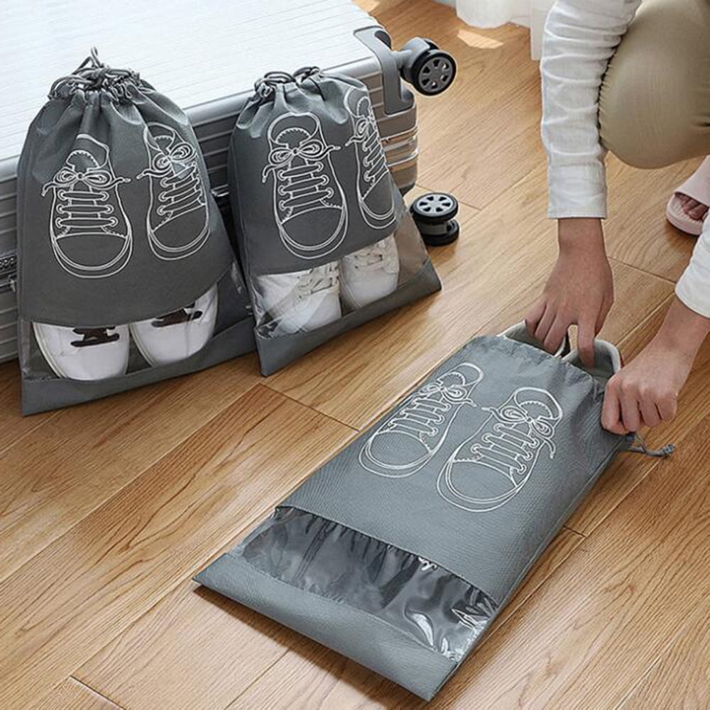 10 Shoe Bags Travel Waterproof Dustproof Fleece Shoe Bag Set with Transparent Window and Drawstring for Shoes/Trainers/Boots/Sandals/Children's Shoes (32*44cm) Non-woven PVC, gray