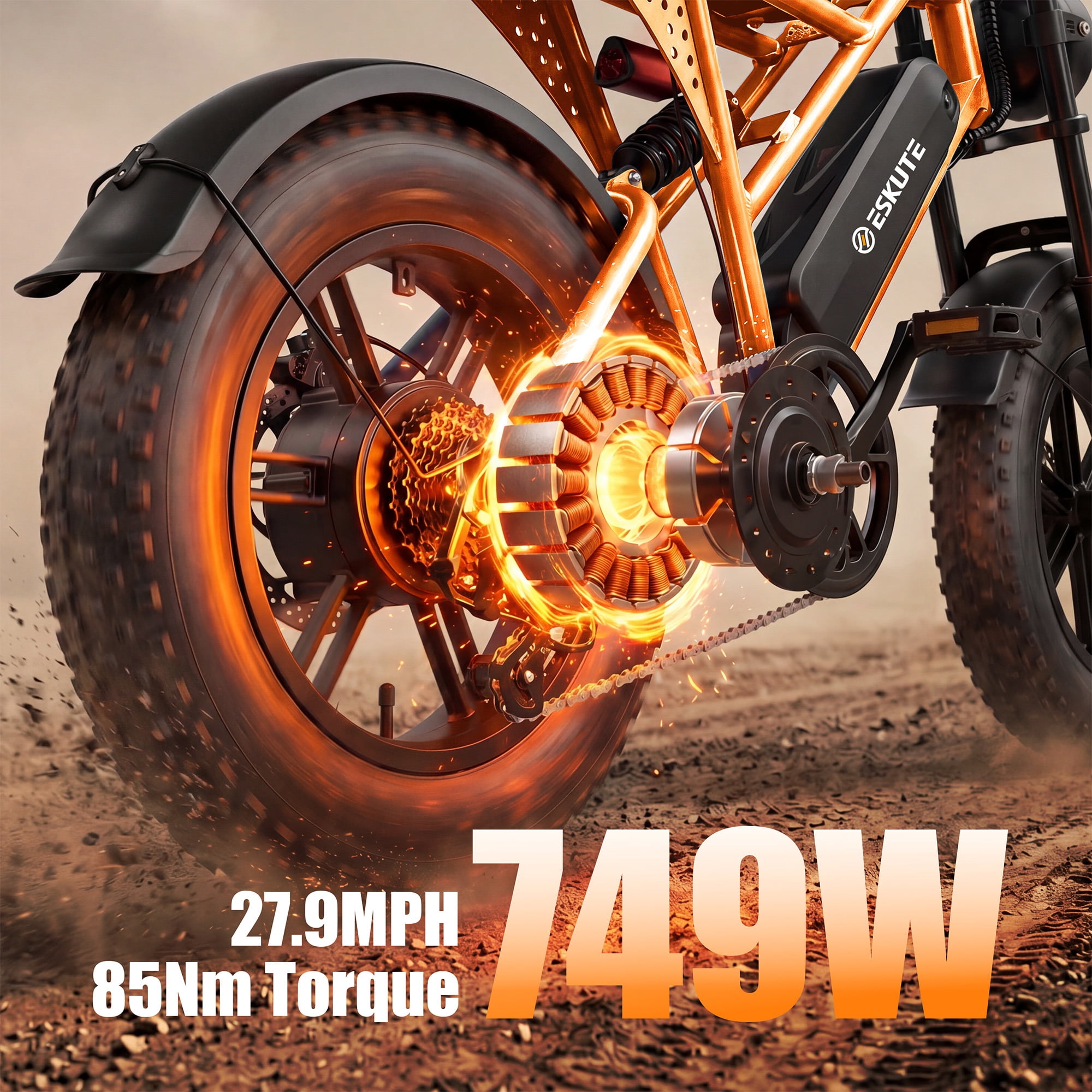ESKUTE V100 Electric Bike for Teens Adults Students, 750W 28 Mph 48V 13 Ah,16"x4.0" Fat Tire E Bicycle, 7-Speed Dual Suspension Mountain EBike Orange with Phonebag & Lock, UL2849