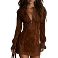 thumbnail image 2 of Women's Suede Dress V-Neck Zipper Lace Long Sleeve Solid Color Vintage Dress for Winter Vintage Style and Casual Wear,Coffee,L, 2 of 5