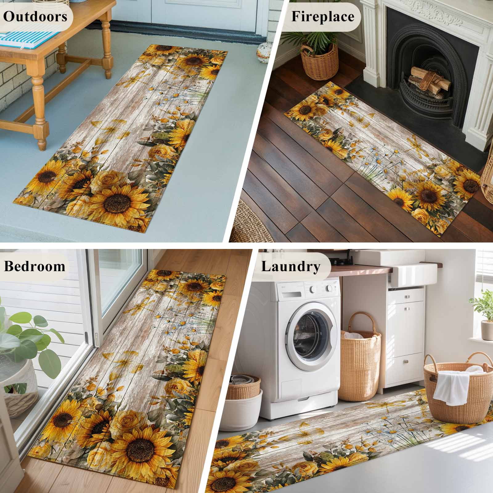 Runner Rug 2'x6', Farmhouse Sunflower Washable Non-Slip Hallway Runner Rugs, Vintage Daisy Butterflies Rustic Wood Bedside Rugs Floor Mats Carpet Runners for Kitchen Bathroom Laundry Room