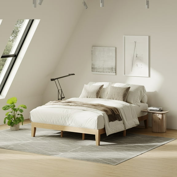 EOP Queen Size Bed Frame, Solid Wood Bed Frame with Under Bed Storage, Platform Bed Frame with Wooden Slats, No Box Spring Required, Pine