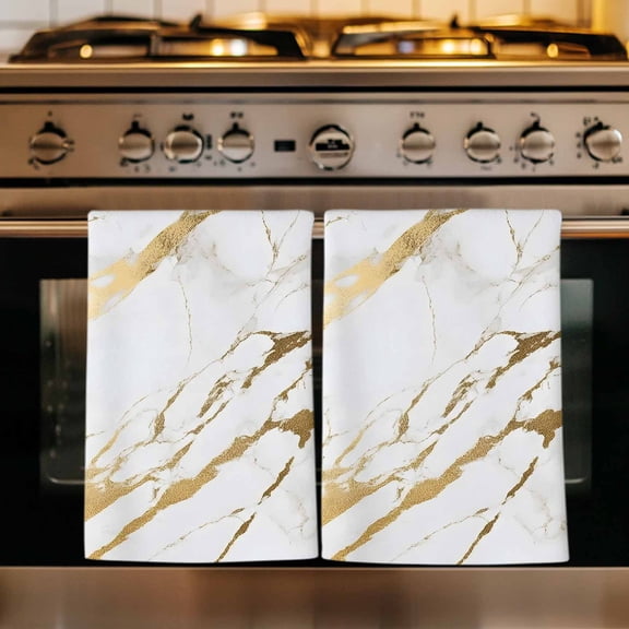White Gold Modern Kitchen Towels Set of 4, Abstract Vintage Marble Geometric Absorbent Dish Towels for Kitchen, Microfiber Hand Towel, Quick Drying Tea Towel for Cleaning Decorative Dishcloths