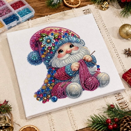 5D Diamond Painting Kit for Adults Christmas Knitting Gnome Diamond Art Kit Round Drill Gem Painting with Canvas DIY Crystal Rhinestone Craft for Home Wall Decor Holiday Gift