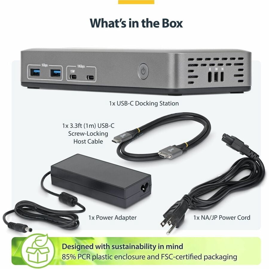 StarTech Dual-Monitor USB-C Docking Station, DisplayPort, 4K 60Hz, 100W Laptop Charging, 1GbE, Driverless, Multi-Monitor Dock