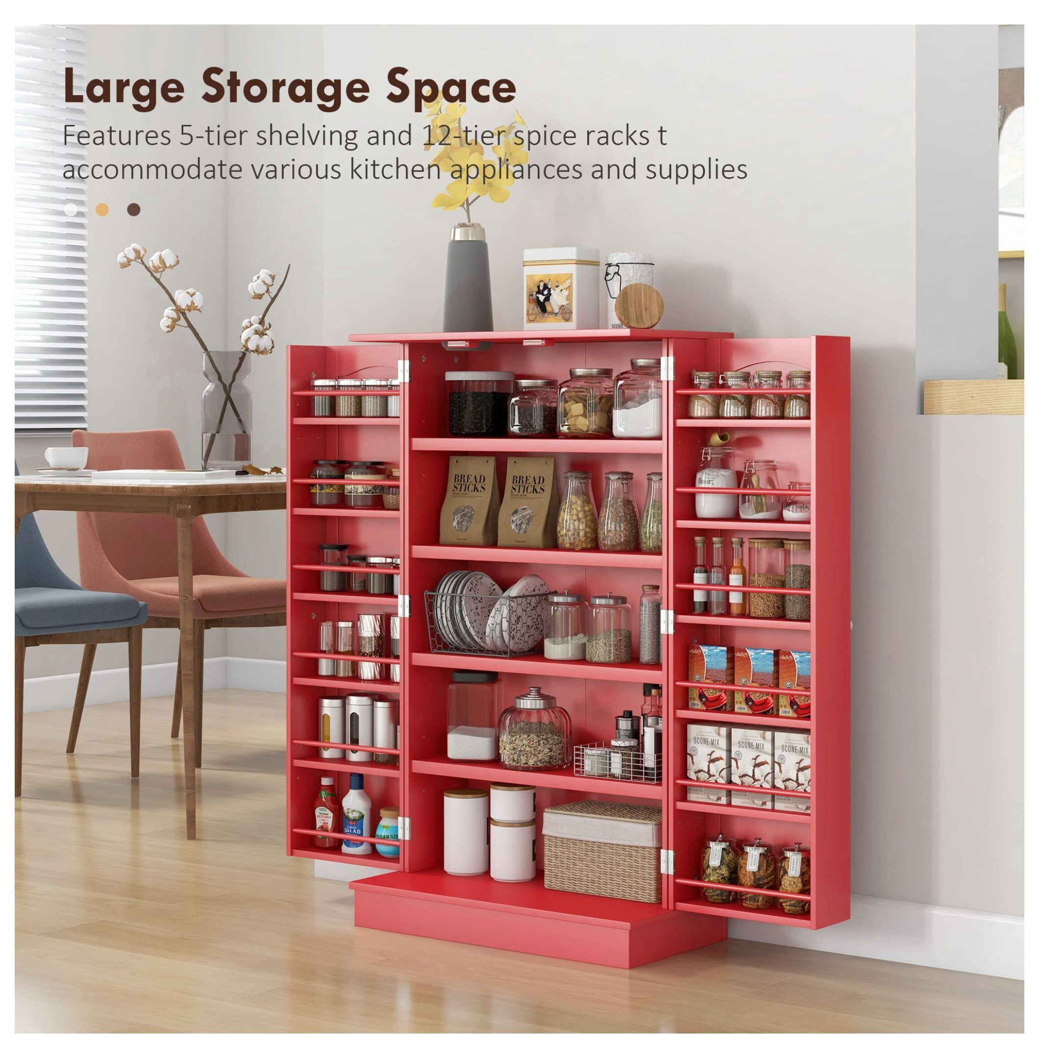 Kitchen Sideboard Cabinet, 40.9" Freestanding Pantry Storage, Red Finish, 5-Tier Shelves, Double Door Kitchen Organizer for Dining Room