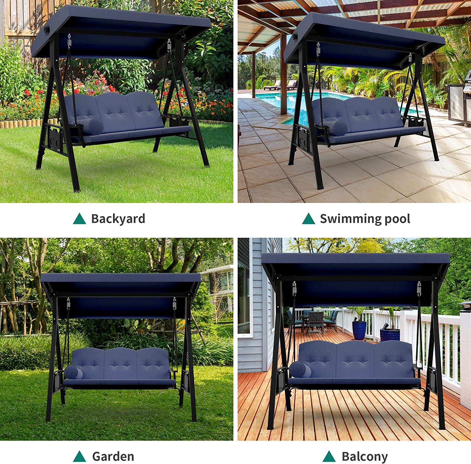 Dextrus Outdoor Patio Swing Chair, 3 Person Porch Swing with Adjustable Canopy, Removable Cushion,Suitable for Garden, Poolside, Balcony,(Navy)