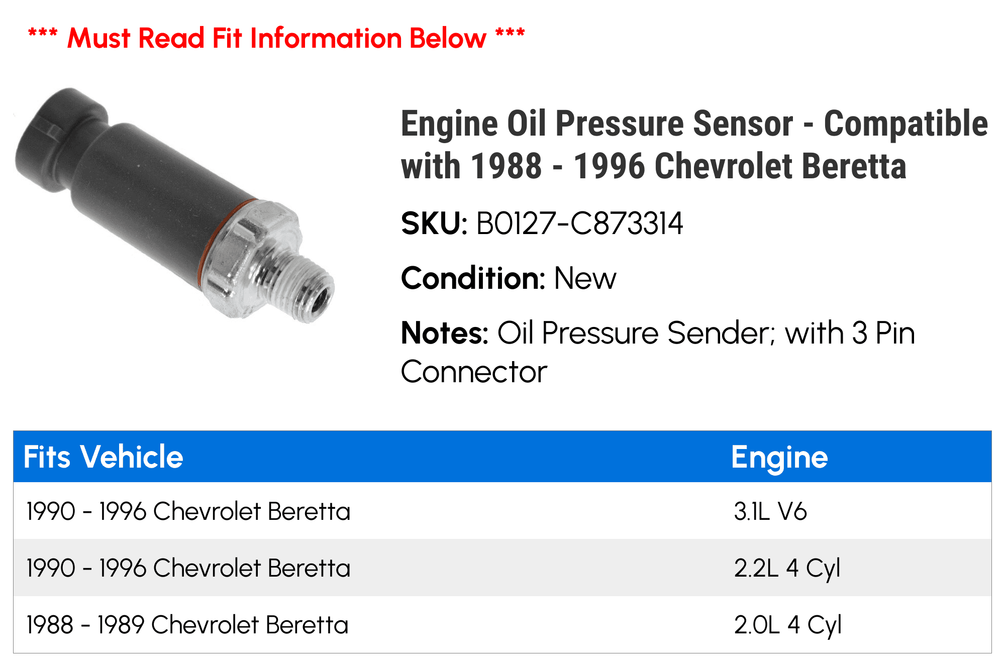 Engine Oil Pressure Sensor - Compatible with 1988 - 1996 Chevy Beretta 1989 1990 1991 1992 1993 1994 1995