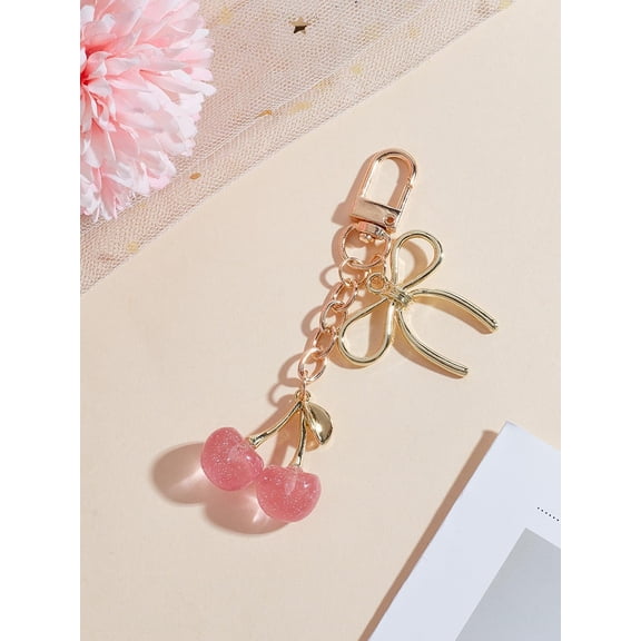 1Pc Cherry Bowknot Keychain Stylish Key Chains for Women Purse Car Key 93mm Light Coral