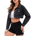 thumbnail image 2 of Veste en Denim Courte Décontractée pour Femme à Revers, Manches Longues, Noire, m, 2 of 9